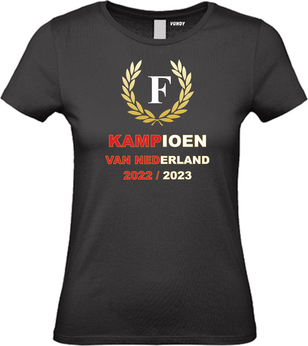 Dames T-shirt Krans Kampioen 2022-2023 | Feyenoord Supporter | Shirt Kampioen | Kampioensshirt | Zwart | maat XS